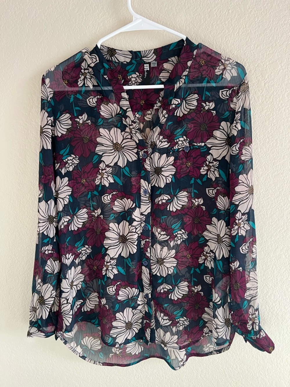 Kut from the Kloth Sheer Floral Button-Front Blouse - Burgundy/Teal/Cream